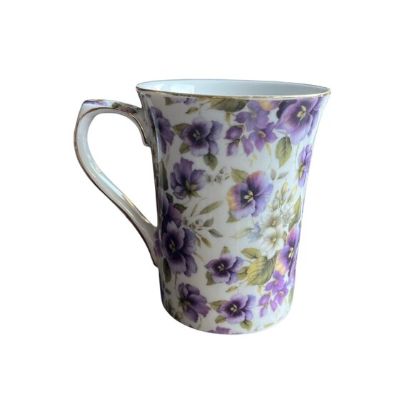 PRINCESS MARY ANNE Porcelain Collection Mug Purple Flowers 4" Gold Rim 8oz - Picture 1 of 6